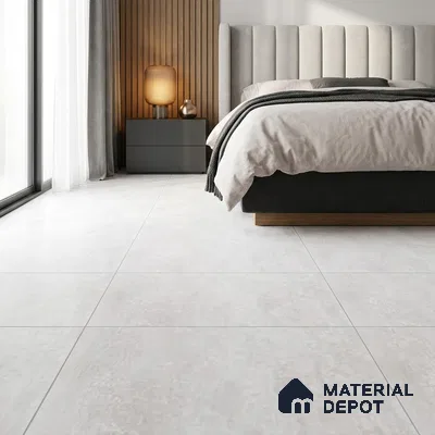 Modern Bedroom with White Concrete-Look Floor Tile