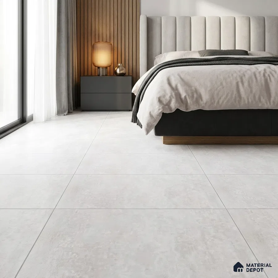 Modern Bedroom with White Concrete-Look Floor Tile