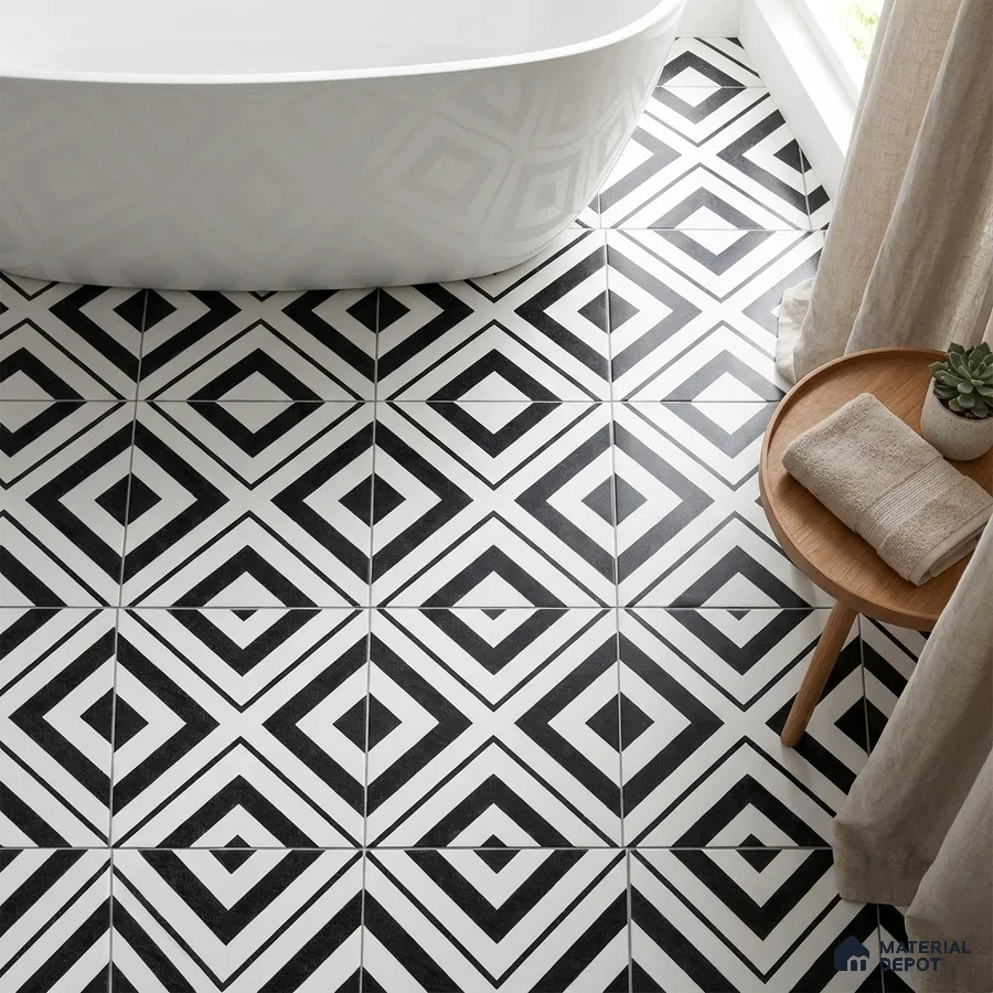 Modern bathroom with black-and-white geometric patterned floor tiles