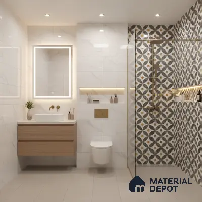 Modern bathroom with marble-look wall tiles, geometric patterned highlighter shower wall, and light wood floating vanity