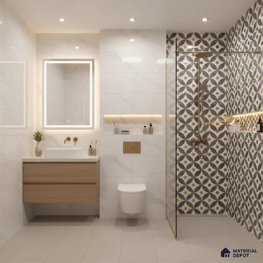 Modern bathroom with marble-look wall tiles, geometric patterned highlighter shower wall, and light wood floating vanity