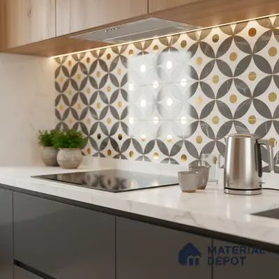Modern kitchen with geometric patterned backsplash tile and white marble countertop