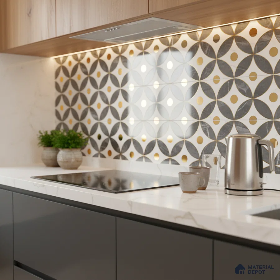 Modern kitchen with geometric patterned backsplash tile and white marble countertop