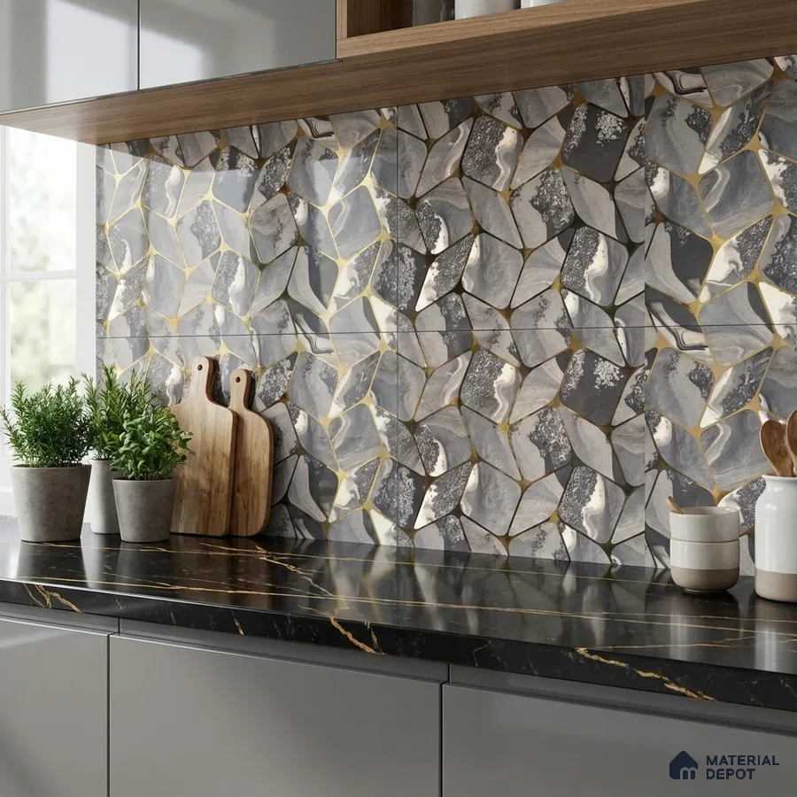 Modern kitchen with abstract geometric backsplash tile and black marble countertop