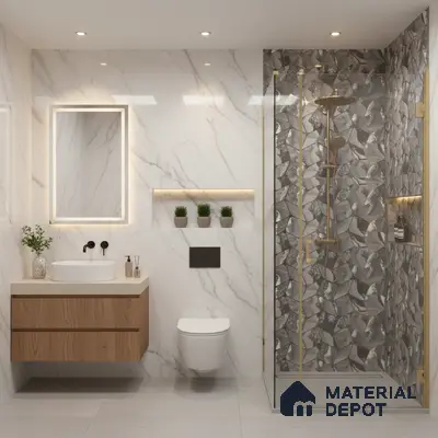 Modern bathroom with marble-look wall tiles, geometric mosaic shower wall, and floating wood vanity
