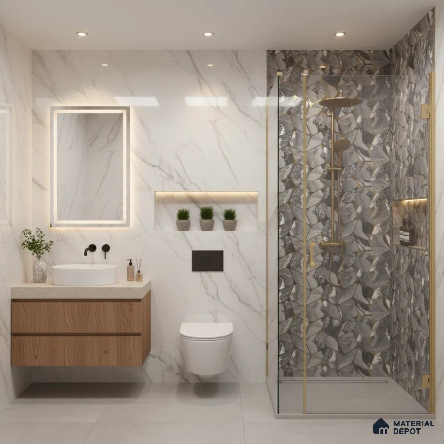 Modern bathroom with marble-look wall tiles, geometric mosaic shower wall, and floating wood vanity