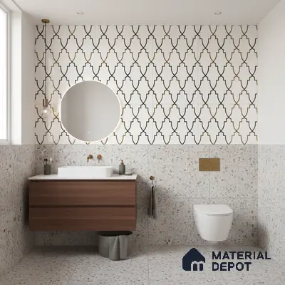 Modern bathroom with geometric highlighter wall tile, terrazzo wall and floor tile, and walnut wood vanity