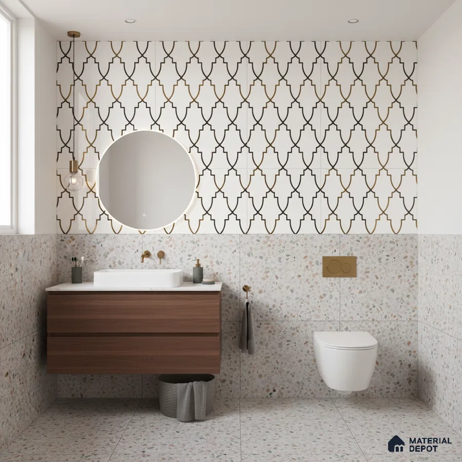 Modern bathroom with geometric highlighter wall tile, terrazzo wall and floor tile, and walnut wood vanity