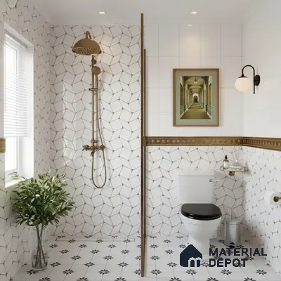 Modern bathroom with geometric white and gold wall tiles and black-and-white patterned floor tiles
