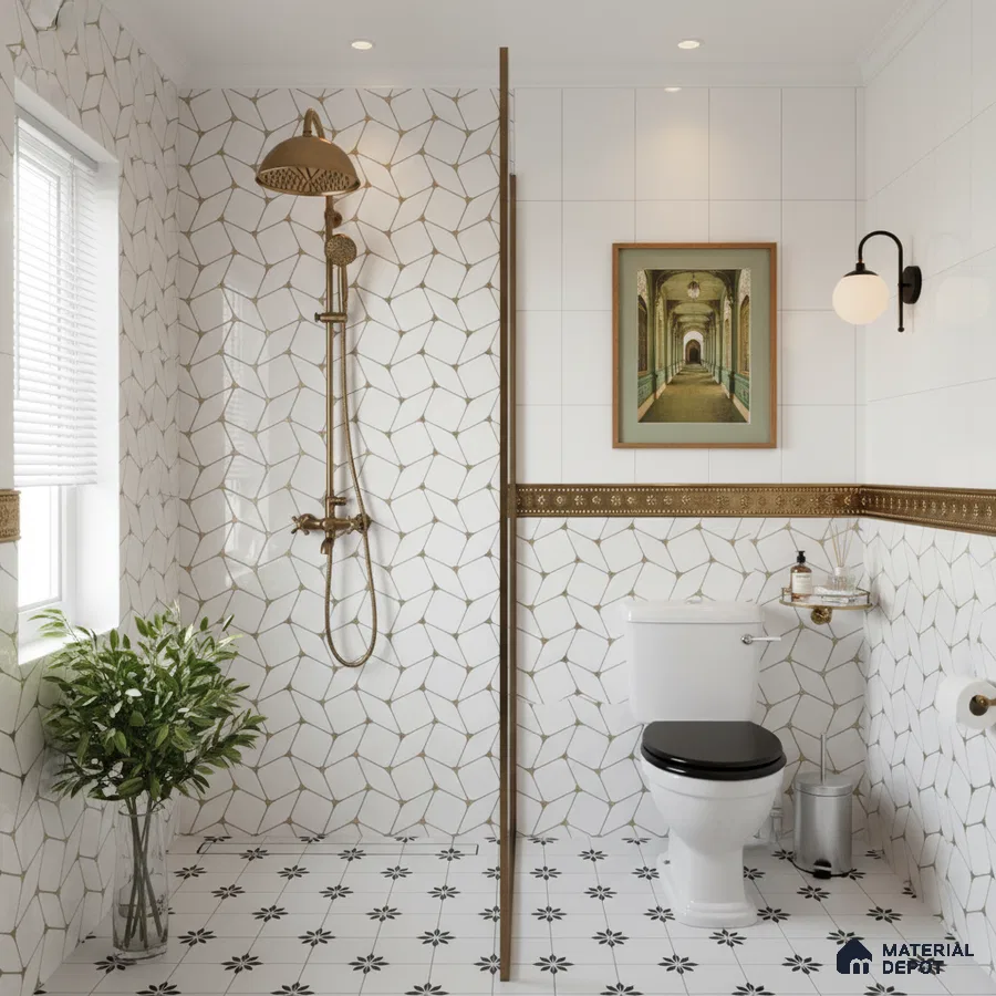 Modern bathroom with geometric white and gold wall tiles and black-and-white patterned floor tiles