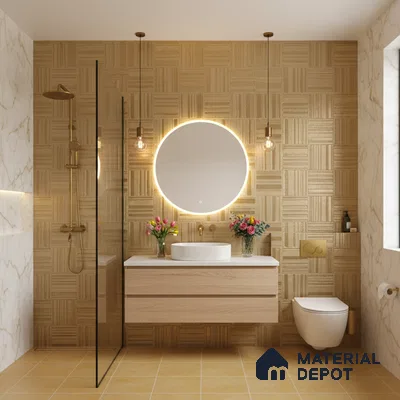 Modern bathroom with beige geometric wall tiles, marble wall tiles, and light wood floating vanity