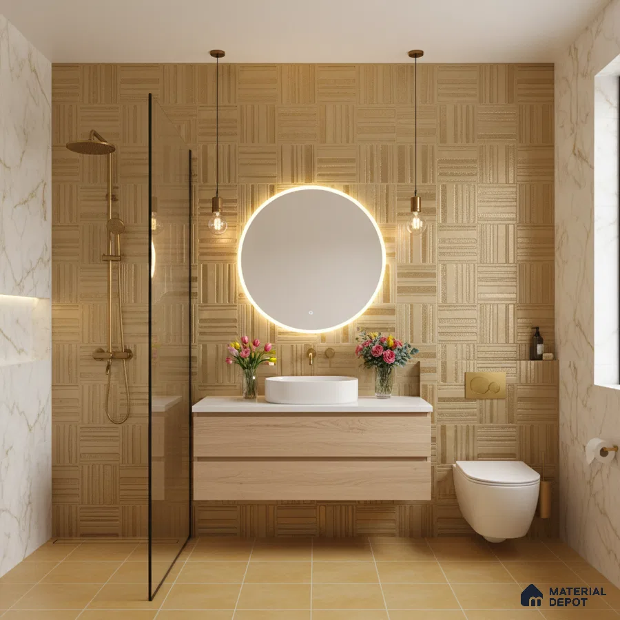 Modern bathroom with beige geometric wall tiles, marble wall tiles, and light wood floating vanity