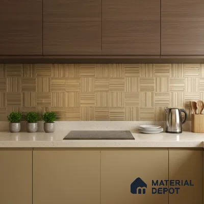 Modern kitchen with walnut brown laminate, beige solid color laminate, and textured gold geometric backsplash tile