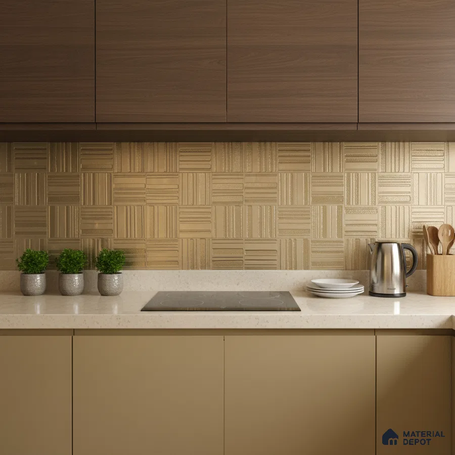 Modern kitchen with walnut brown laminate, beige solid color laminate, and textured gold geometric backsplash tile