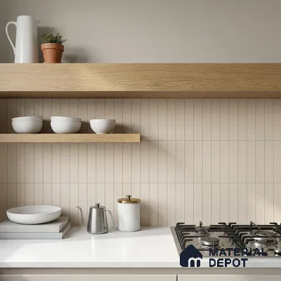 Scandinavian Kitchen with Cream Vertical Stacked Backsplash Tile