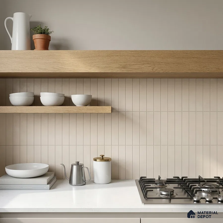 Scandinavian Kitchen with Cream Vertical Stacked Backsplash Tile