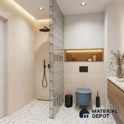 Modern Bathroom with Cream Vertical Stacked Shower Tile and Terrazzo Floor