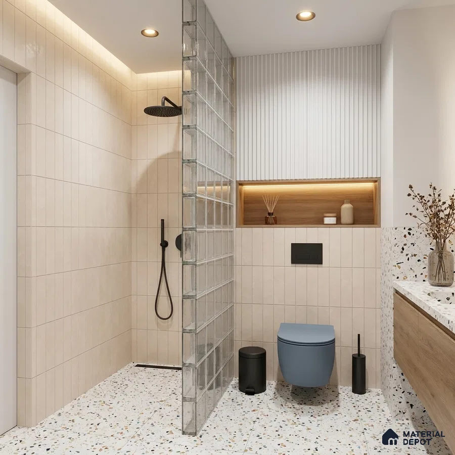 Modern Bathroom with Cream Vertical Stacked Shower Tile and Terrazzo Floor