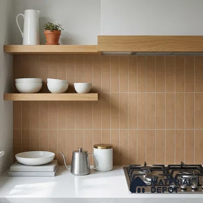 Scandinavian Kitchen with Terracotta Brown Vertical Stacked Backsplash Tile