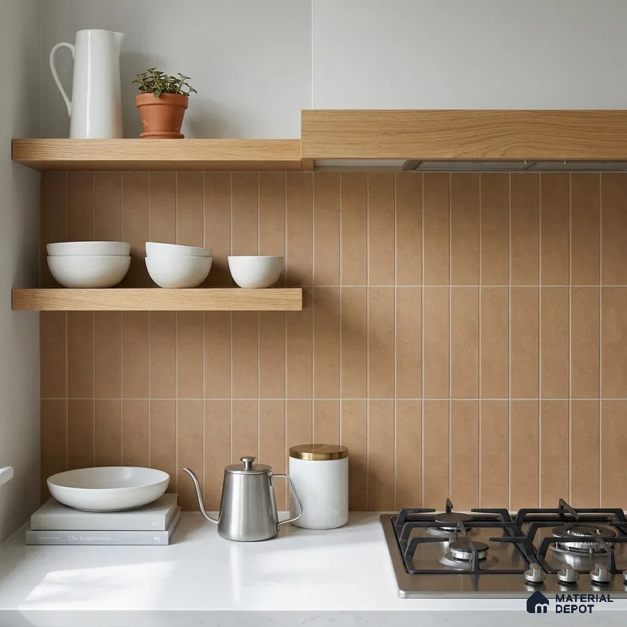 Scandinavian Kitchen with Terracotta Brown Vertical Stacked Backsplash Tile