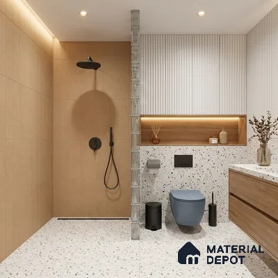 Modern Bathroom with Camel Brown Vertical Stacked Shower Tile and Terrazzo Floor