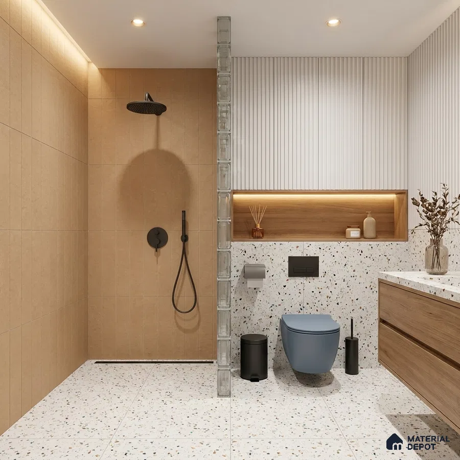 Modern Bathroom with Camel Brown Vertical Stacked Shower Tile and Terrazzo Floor