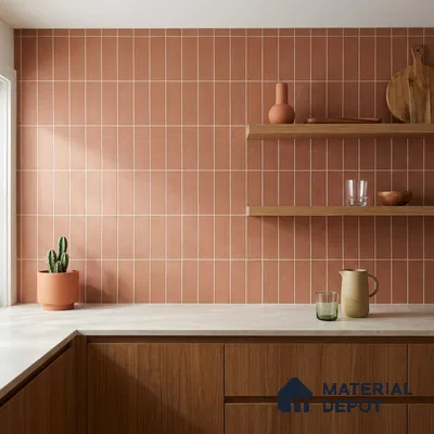 Mid-century Modern Kitchen with Terracotta Vertical Stacked Tile and Walnut Cabinets