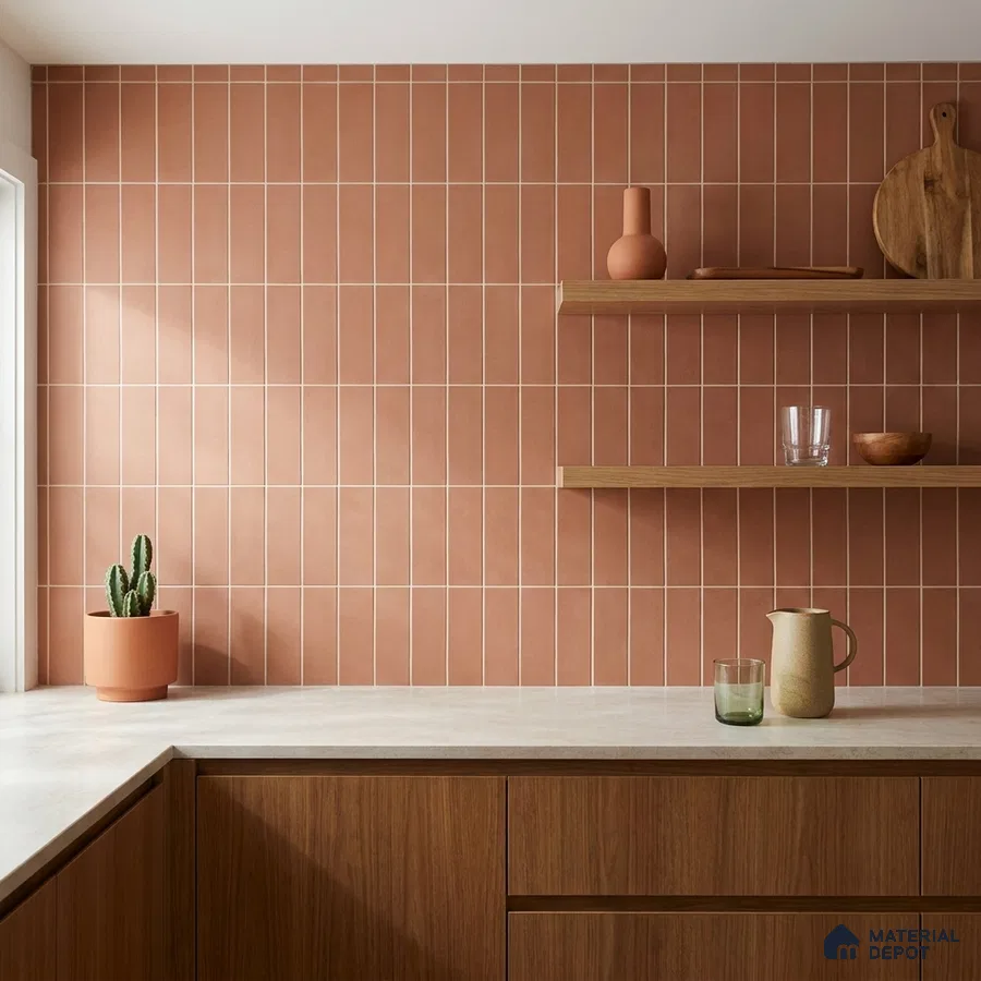 Mid-century Modern Kitchen with Terracotta Vertical Stacked Tile and Walnut Cabinets