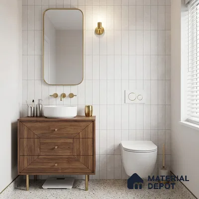 Modern Bathroom with White Vertical Stacked Wall Tile and Brass Fixtures