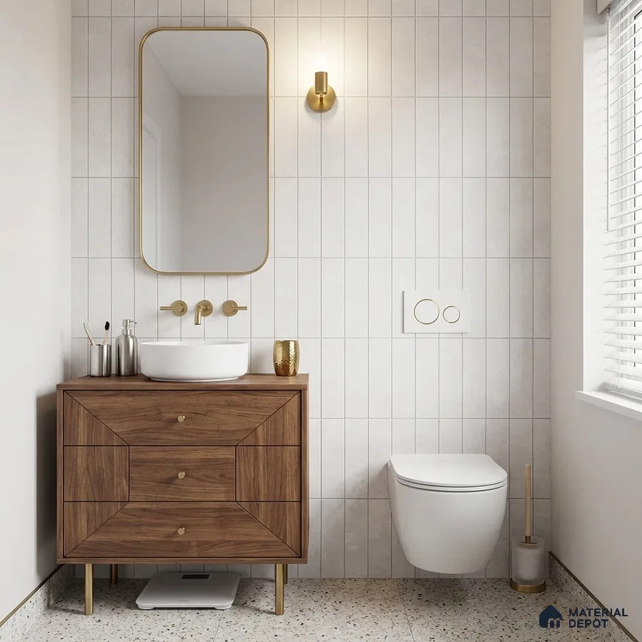 Modern Bathroom with White Vertical Stacked Wall Tile and Brass Fixtures
