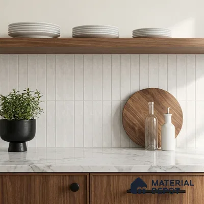 Scandinavian Kitchen with Cream Vertical Stacked Backsplash Tile and Walnut Cabinets