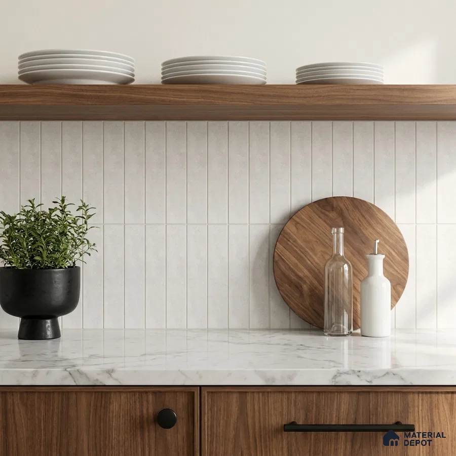 Scandinavian Kitchen with Cream Vertical Stacked Backsplash Tile and Walnut Cabinets