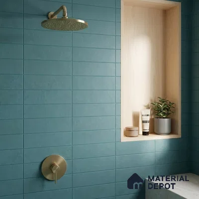 Modern Bathroom with Teal Blue Vertical Stacked Shower Tile and Brass Fixtures