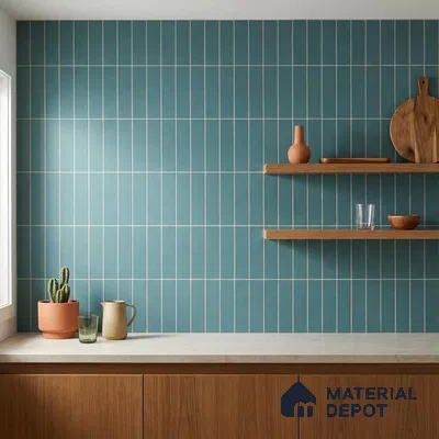 Modern Kitchen with Teal Blue Vertical Stacked Backsplash Tile and Walnut Cabinets