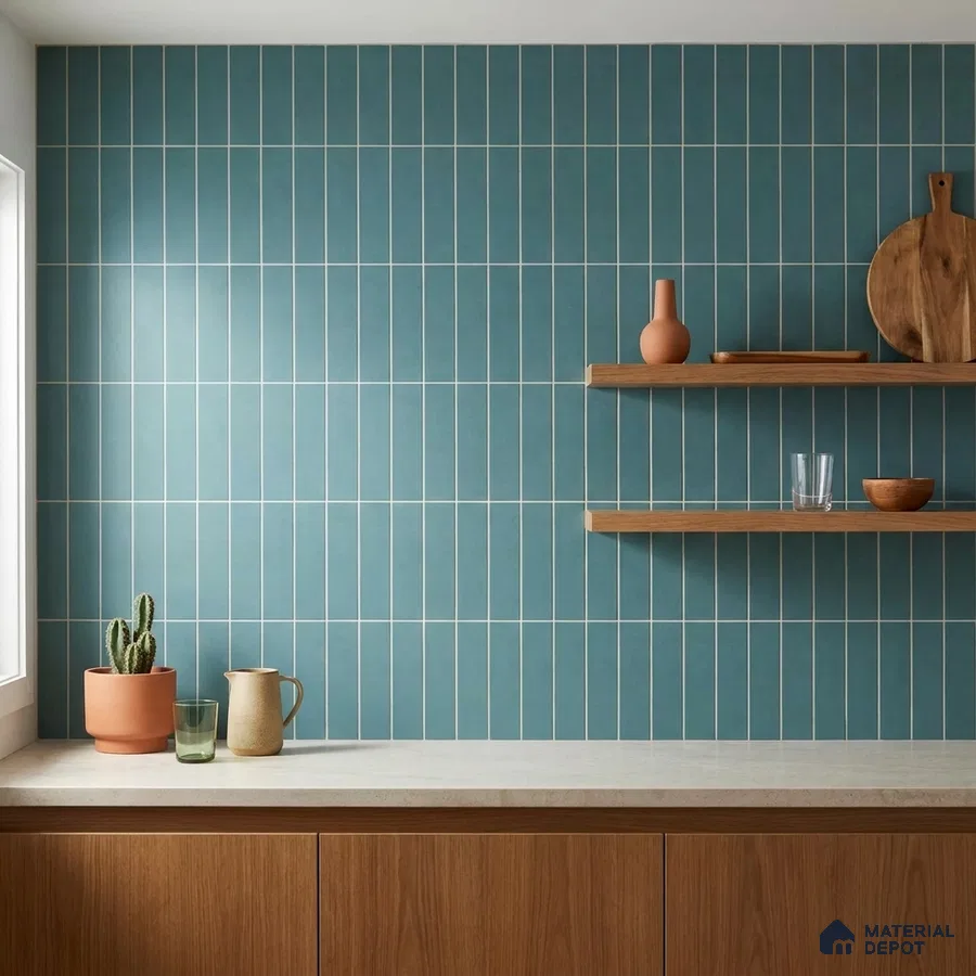 Modern Kitchen with Teal Blue Vertical Stacked Backsplash Tile and Walnut Cabinets