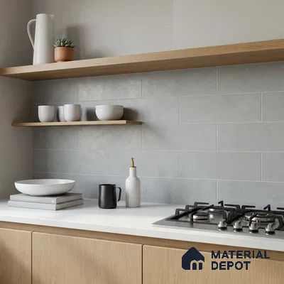 Scandinavian Kitchen with Light Grey Subway Backsplash Tile
