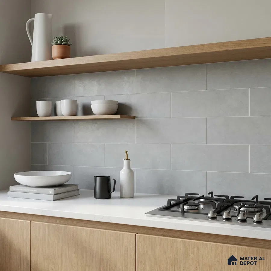 Scandinavian Kitchen with Light Grey Subway Backsplash Tile