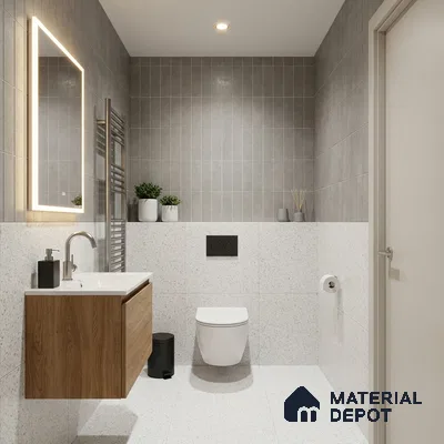 Modern Bathroom with Grey Vertical Stacked Tile and Terrazzo Floor