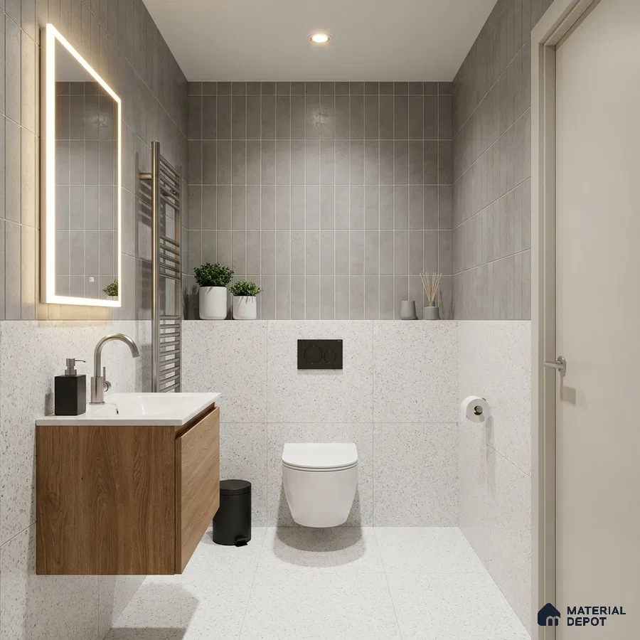 Modern Bathroom with Grey Vertical Stacked Tile and Terrazzo Floor