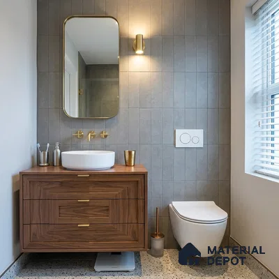 Modern Bathroom with Grey Vertical Stacked Wall Tile and Walnut Vanity