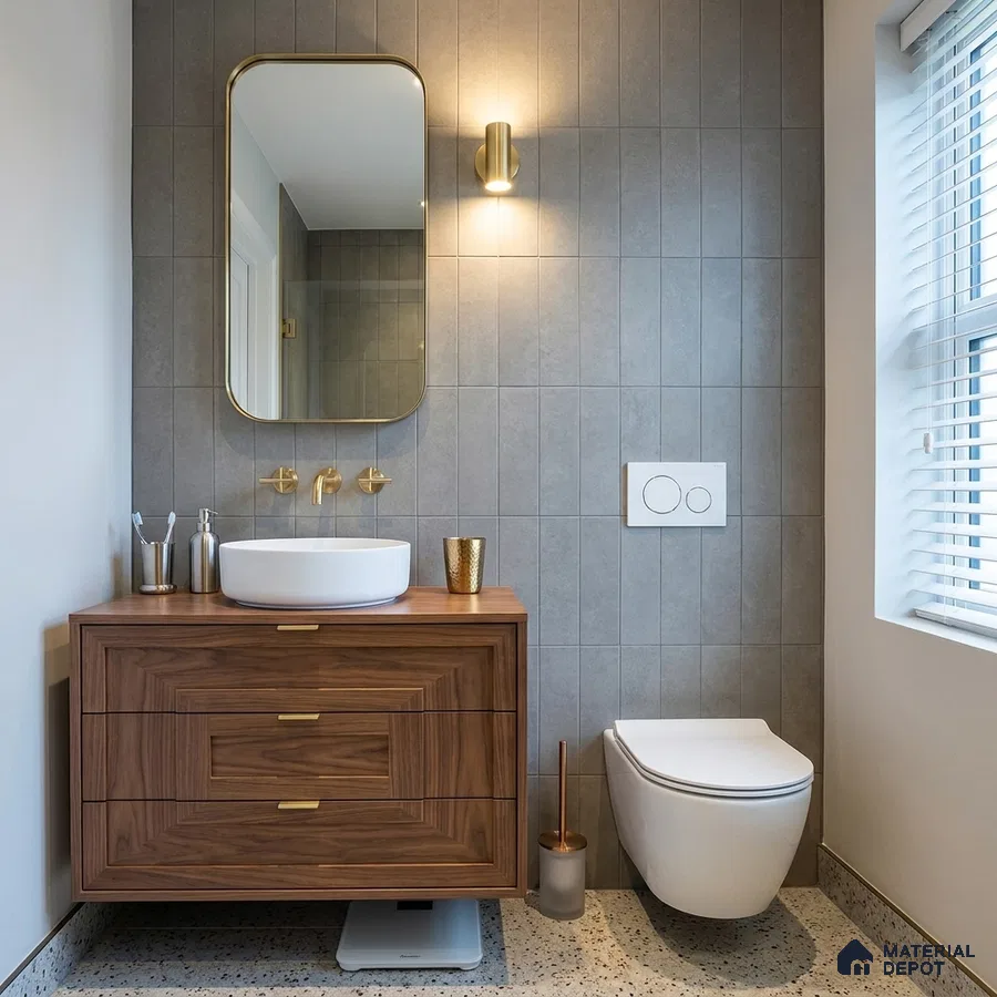Modern Bathroom with Grey Vertical Stacked Wall Tile and Walnut Vanity