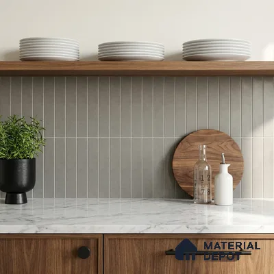 Modern Kitchen with Grey Vertical Stacked Backsplash Tile and Walnut Cabinets