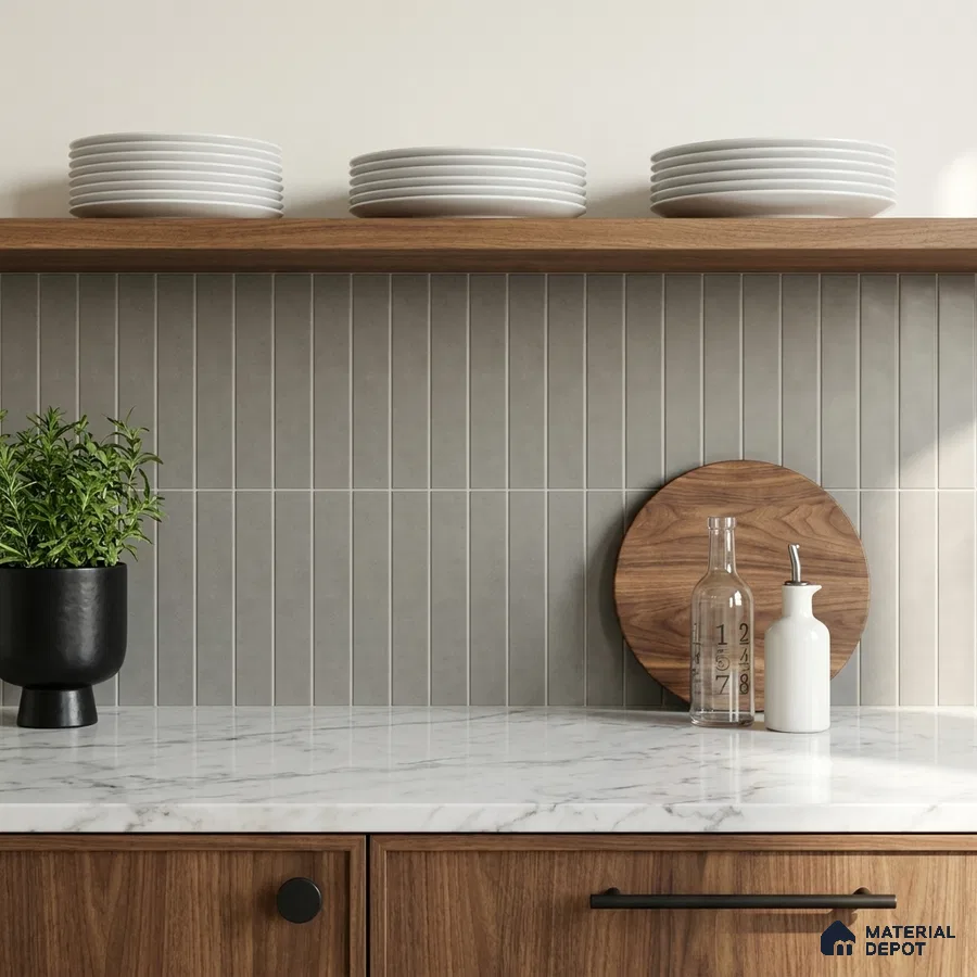 Modern Kitchen with Grey Vertical Stacked Backsplash Tile and Walnut Cabinets