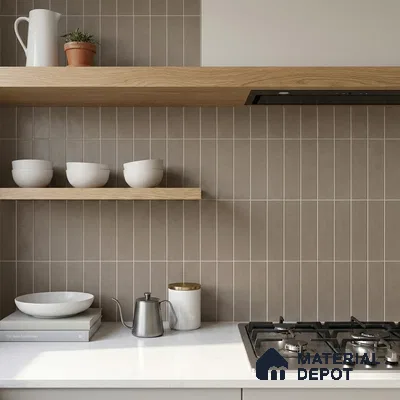 Scandinavian Kitchen with Greige Vertical Stacked Backsplash Tile