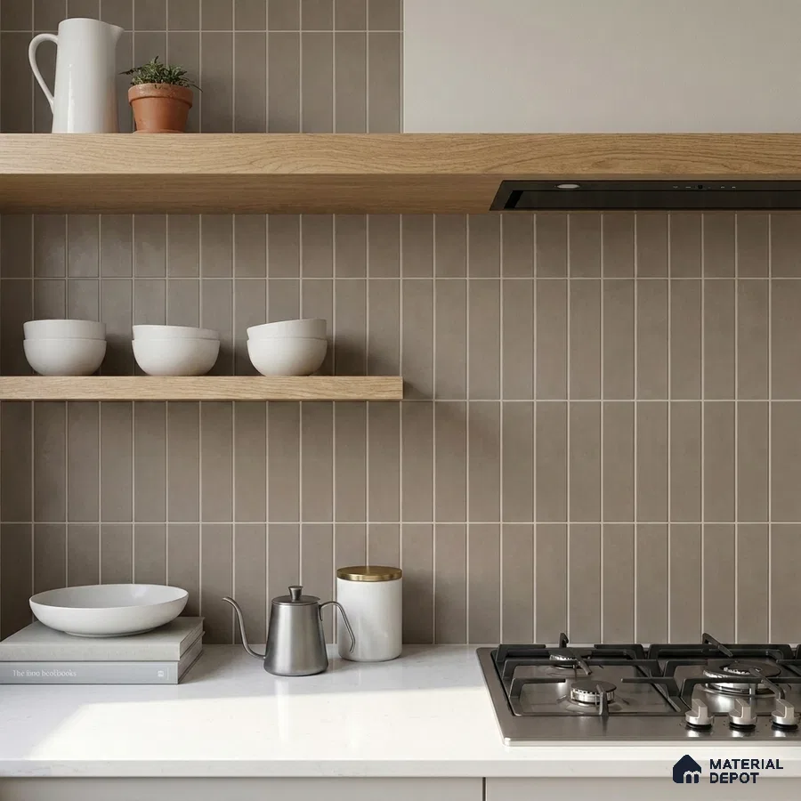 Scandinavian Kitchen with Greige Vertical Stacked Backsplash Tile