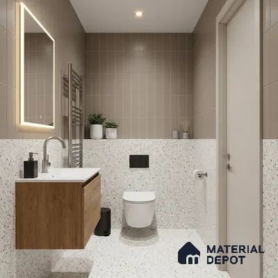 Modern Bathroom with Greige Vertical Stacked Tile and Terrazzo Floor