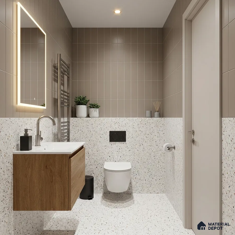 Modern Bathroom with Greige Vertical Stacked Tile and Terrazzo Floor