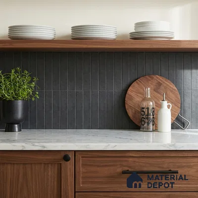 Modern Kitchen with Charcoal Stacked Backsplash Tile and Walnut Cabinets