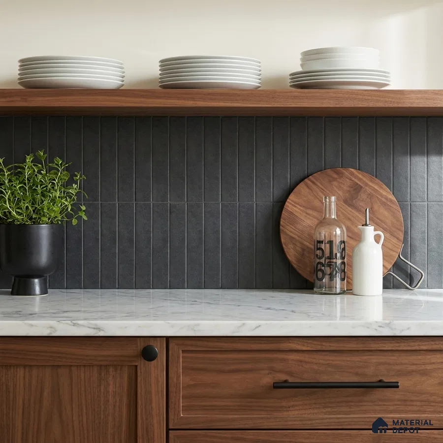 Modern Kitchen with Charcoal Stacked Backsplash Tile and Walnut Cabinets