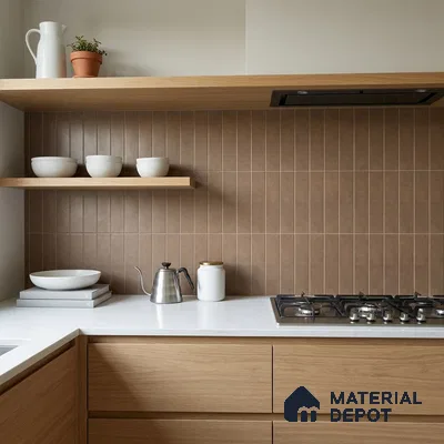 Scandinavian Kitchen with Clay Brown Stacked Backsplash Tile and Oak Cabinets
